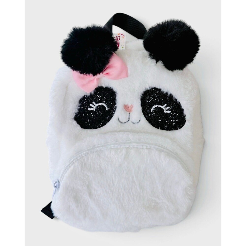 Claire’s Club Panda Plush Mini Backpack NWT Girls Fuzzy Sequin Eyes Pink Bow